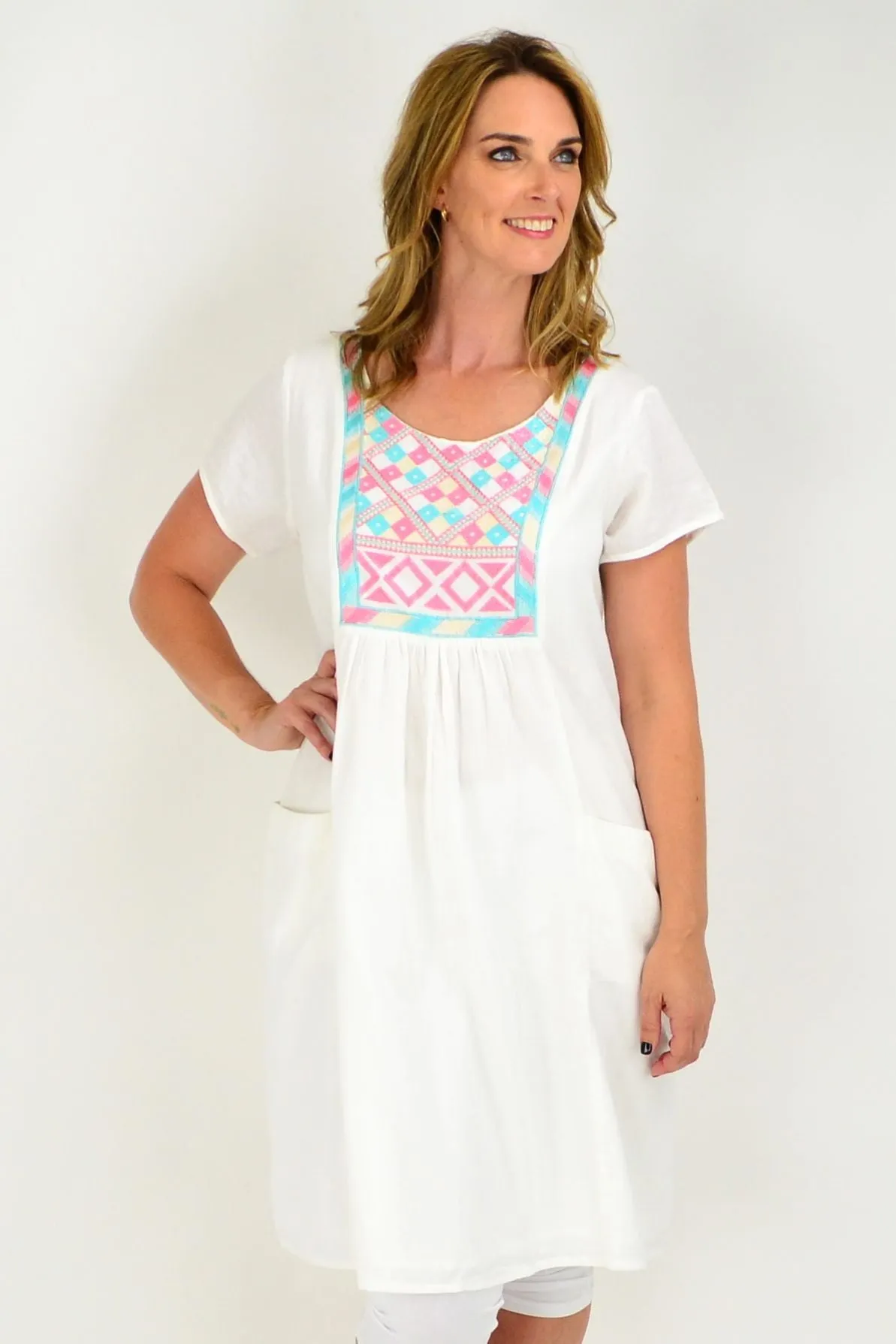 White Embroidered Linen Cotton Tunic Dress