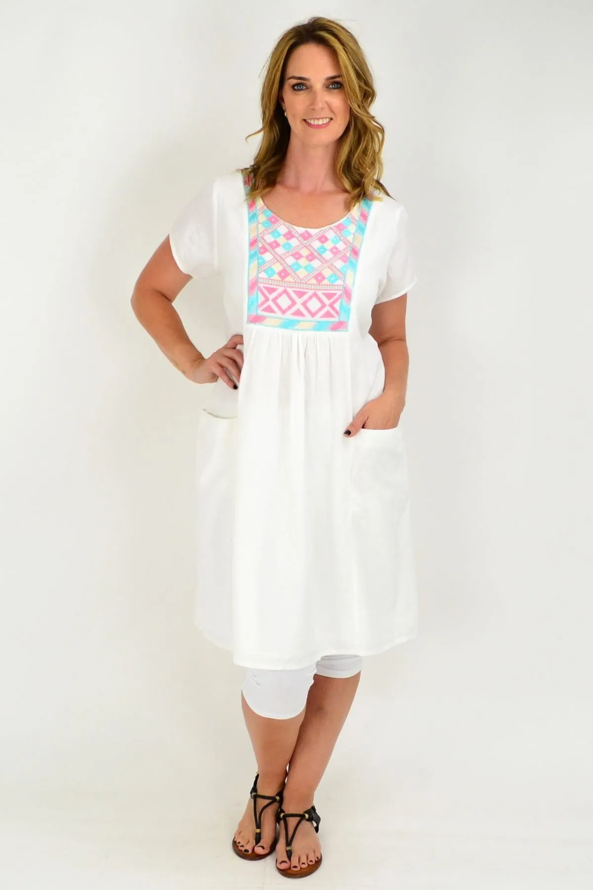 White Embroidered Linen Cotton Tunic Dress