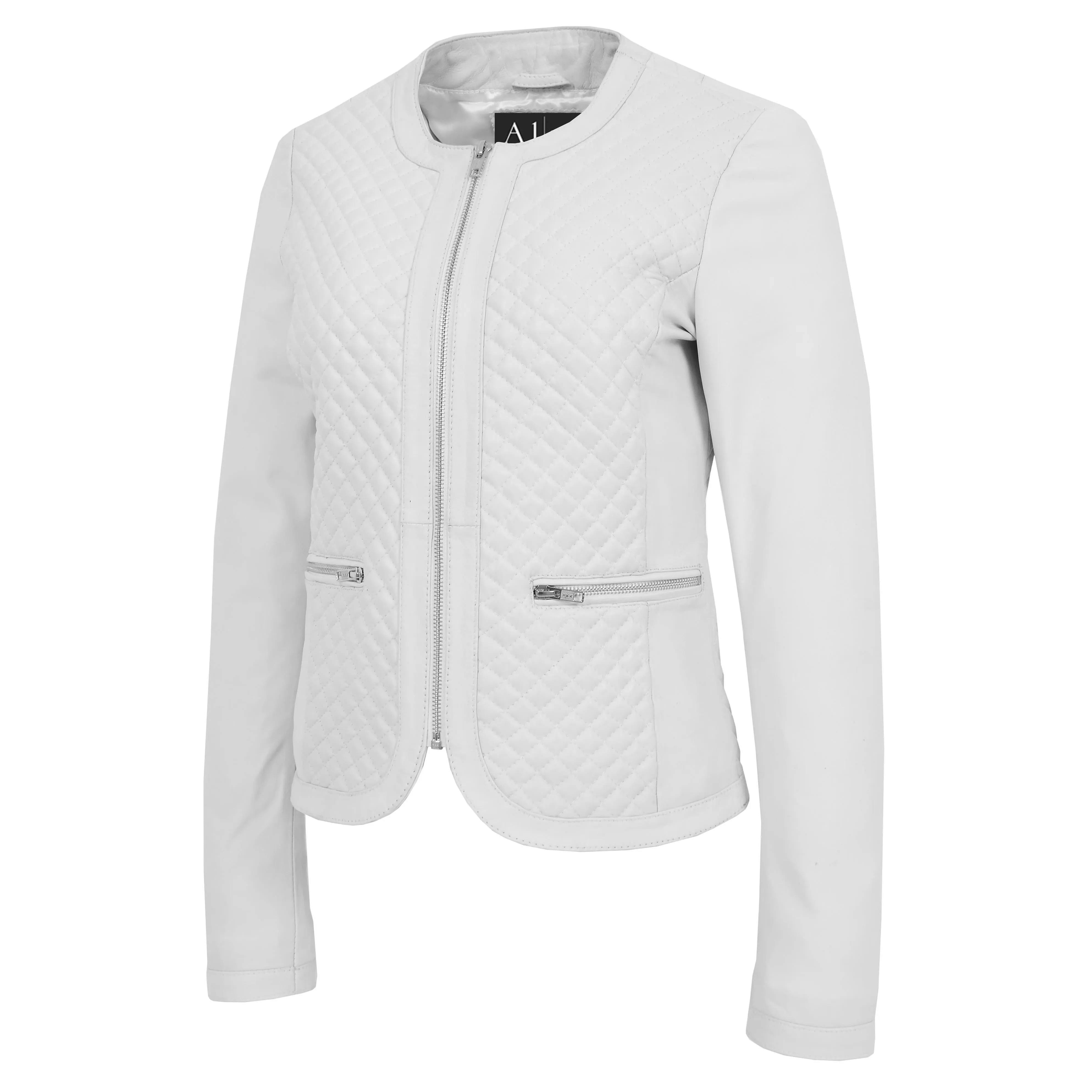 Women Collarless White Leather Jacket Fitted Quilted Zip Up - Remi