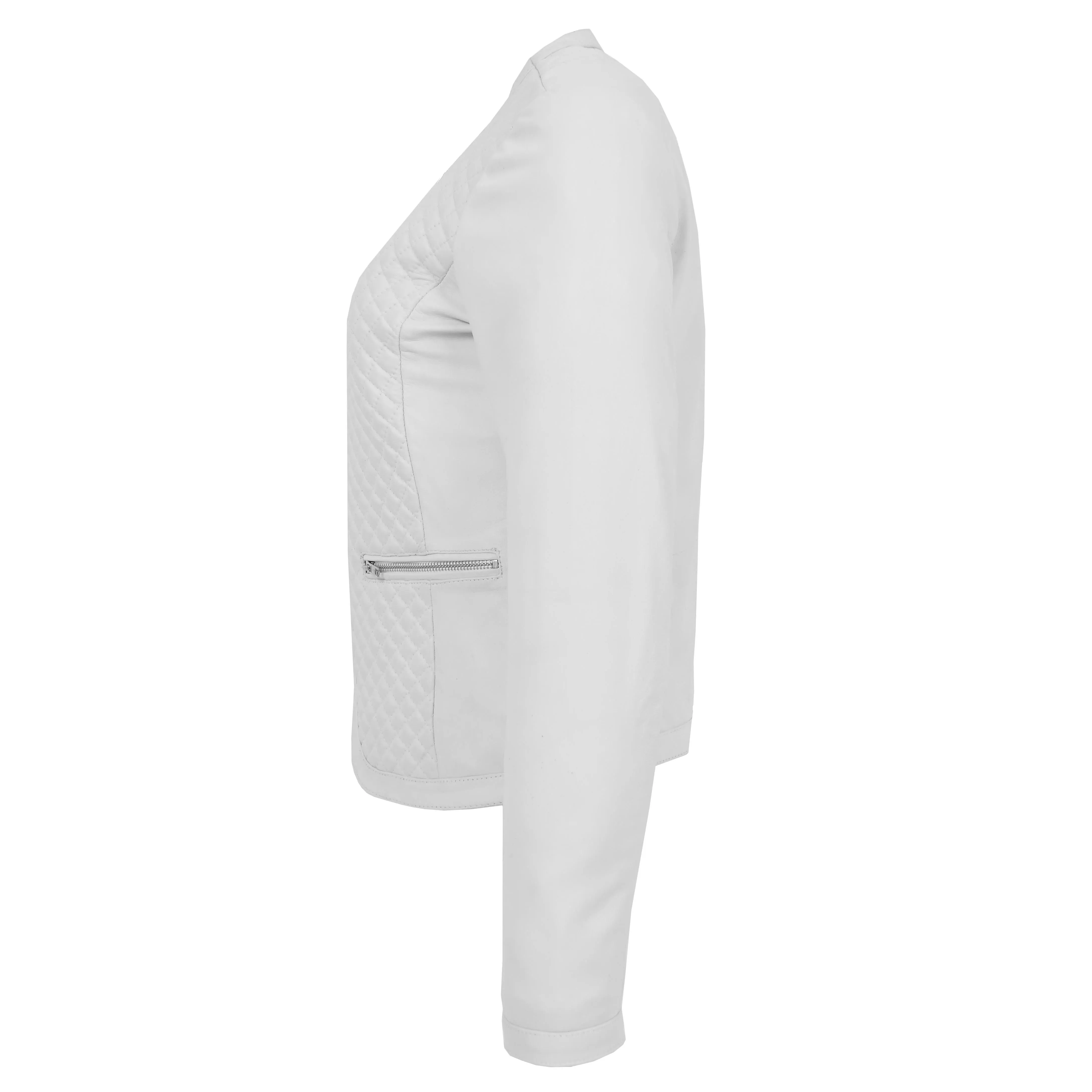 Women Collarless White Leather Jacket Fitted Quilted Zip Up - Remi