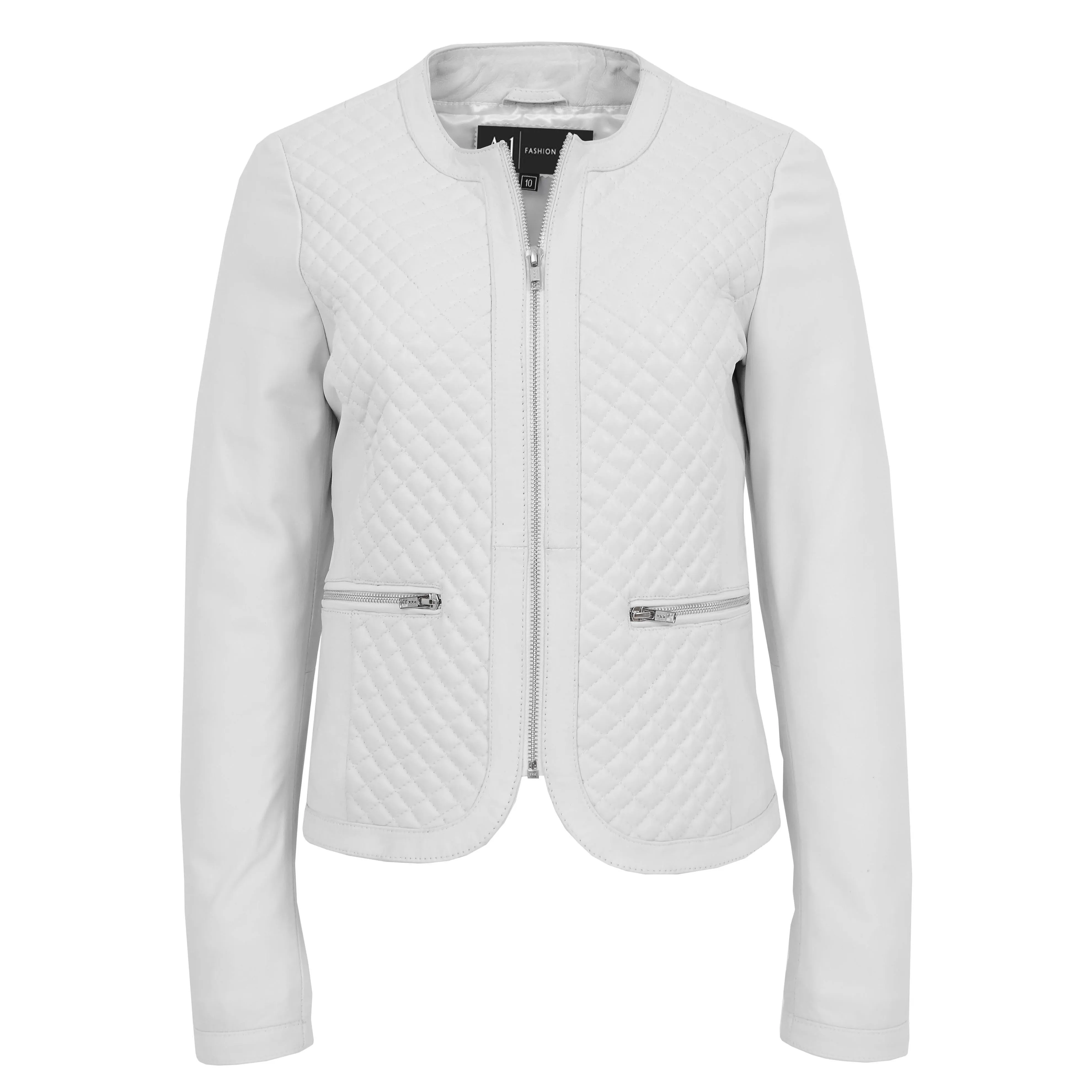 Women Collarless White Leather Jacket Fitted Quilted Zip Up - Remi