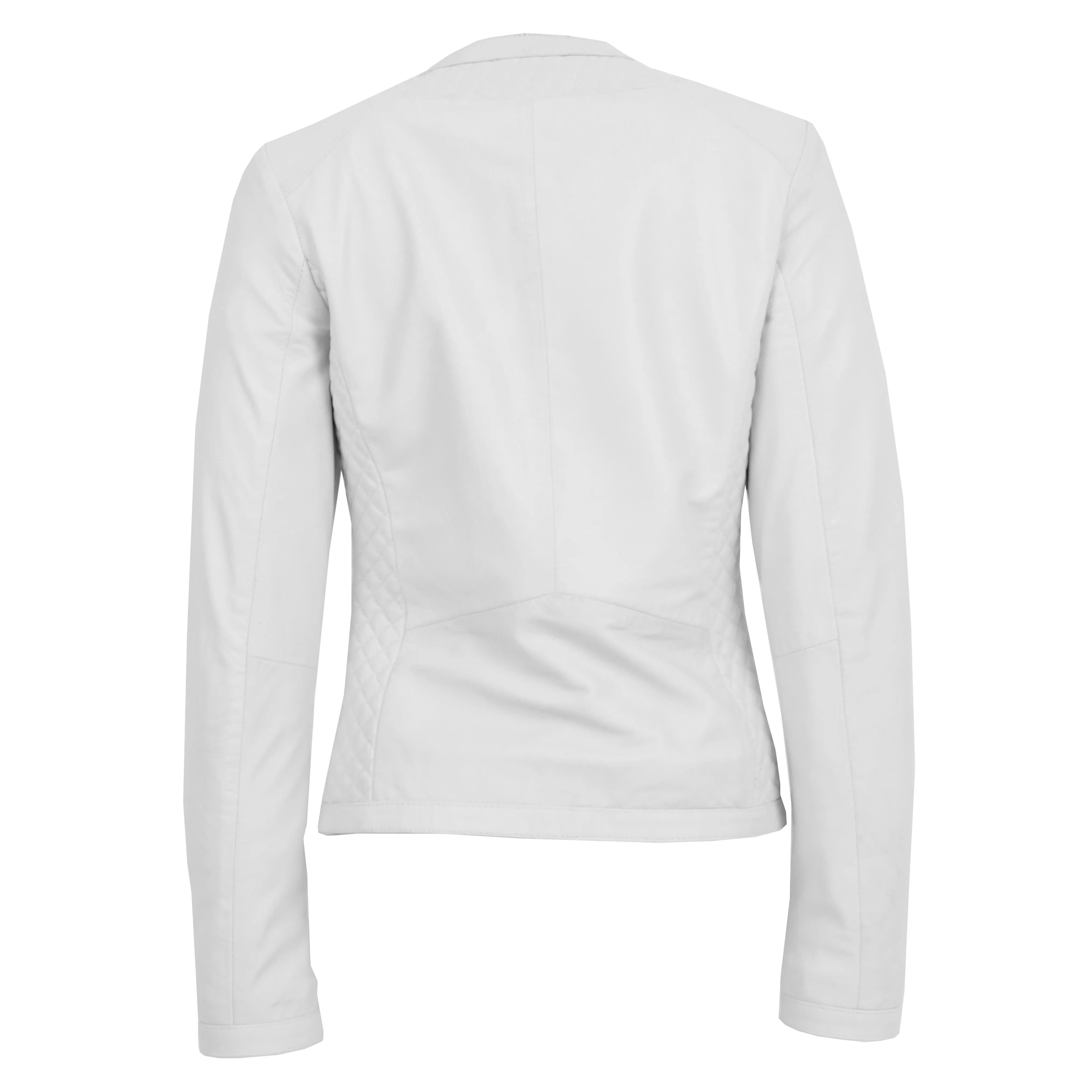 Women Collarless White Leather Jacket Fitted Quilted Zip Up - Remi