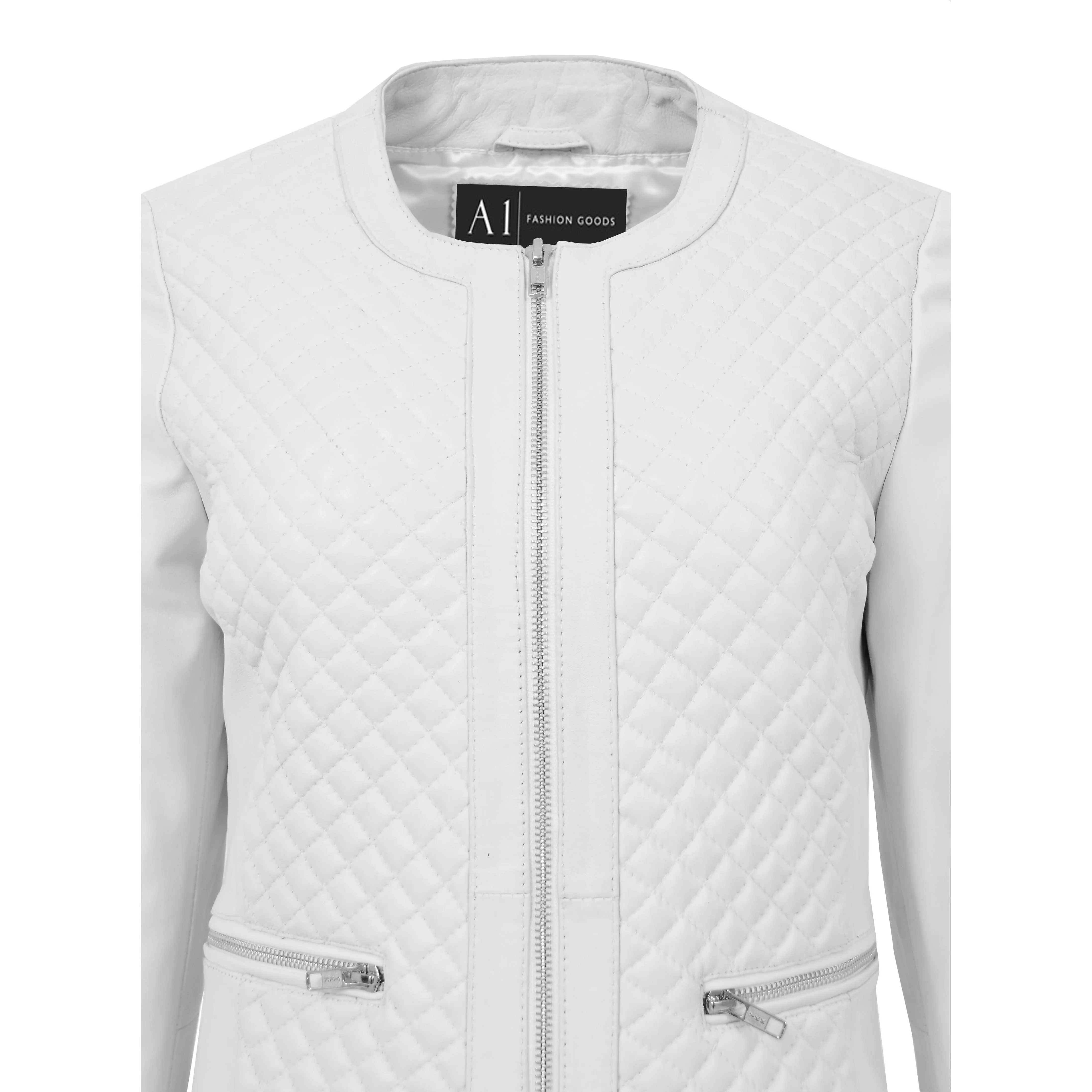 Women Collarless White Leather Jacket Fitted Quilted Zip Up - Remi