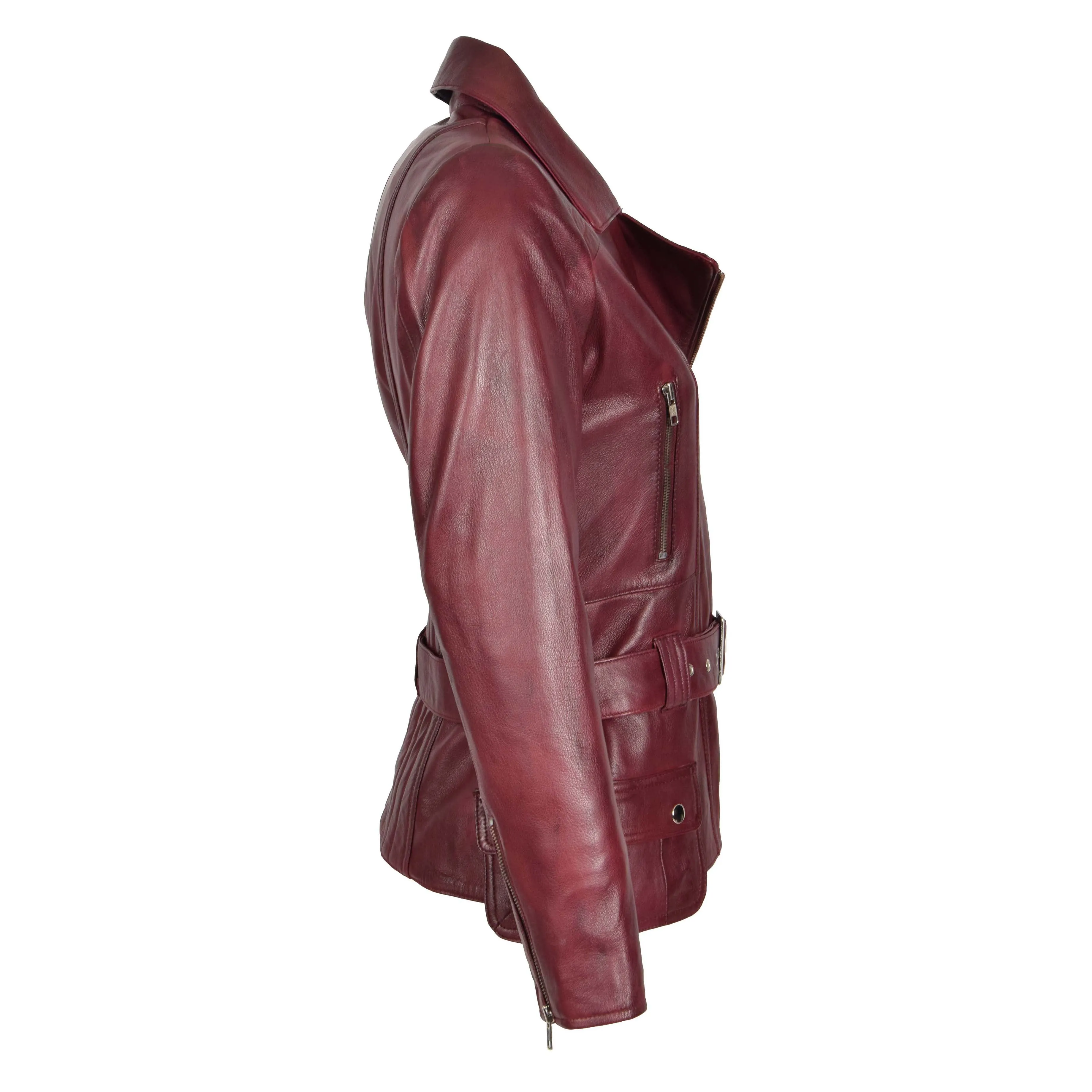 Womens Biker Leather Jacket Slim Fit Cut Hip Length Coat Coco Burgundy