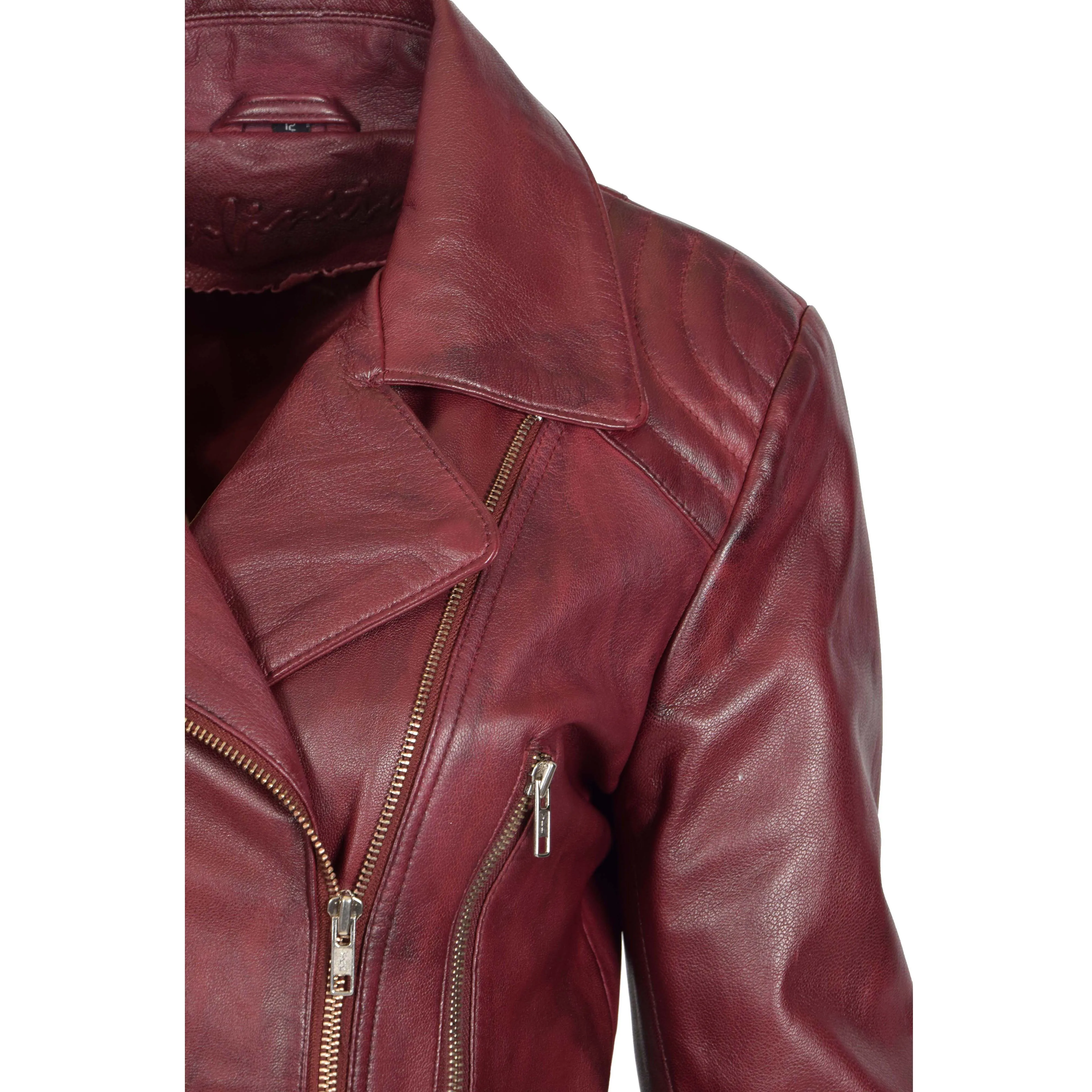 Womens Biker Leather Jacket Slim Fit Cut Hip Length Coat Coco Burgundy