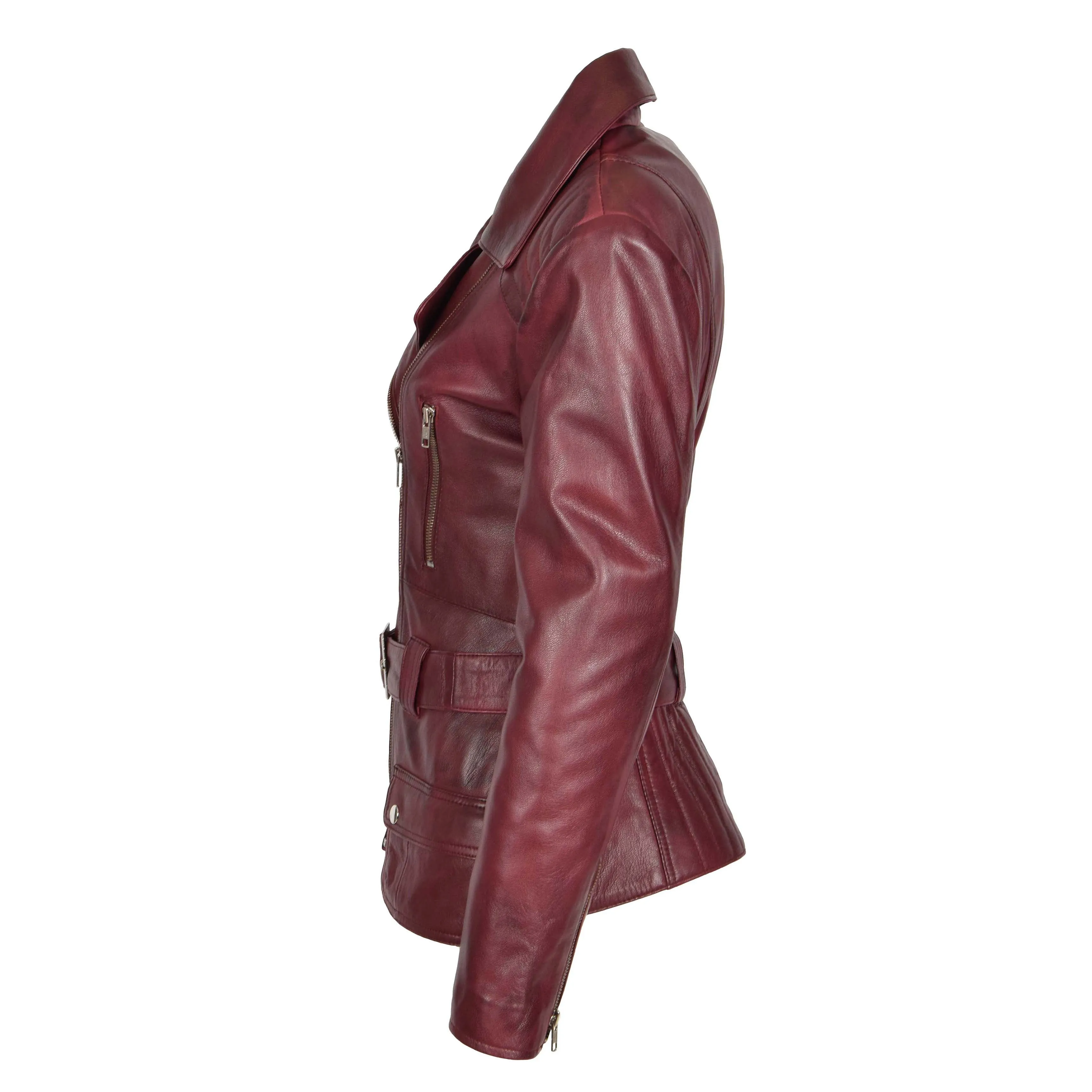 Womens Biker Leather Jacket Slim Fit Cut Hip Length Coat Coco Burgundy