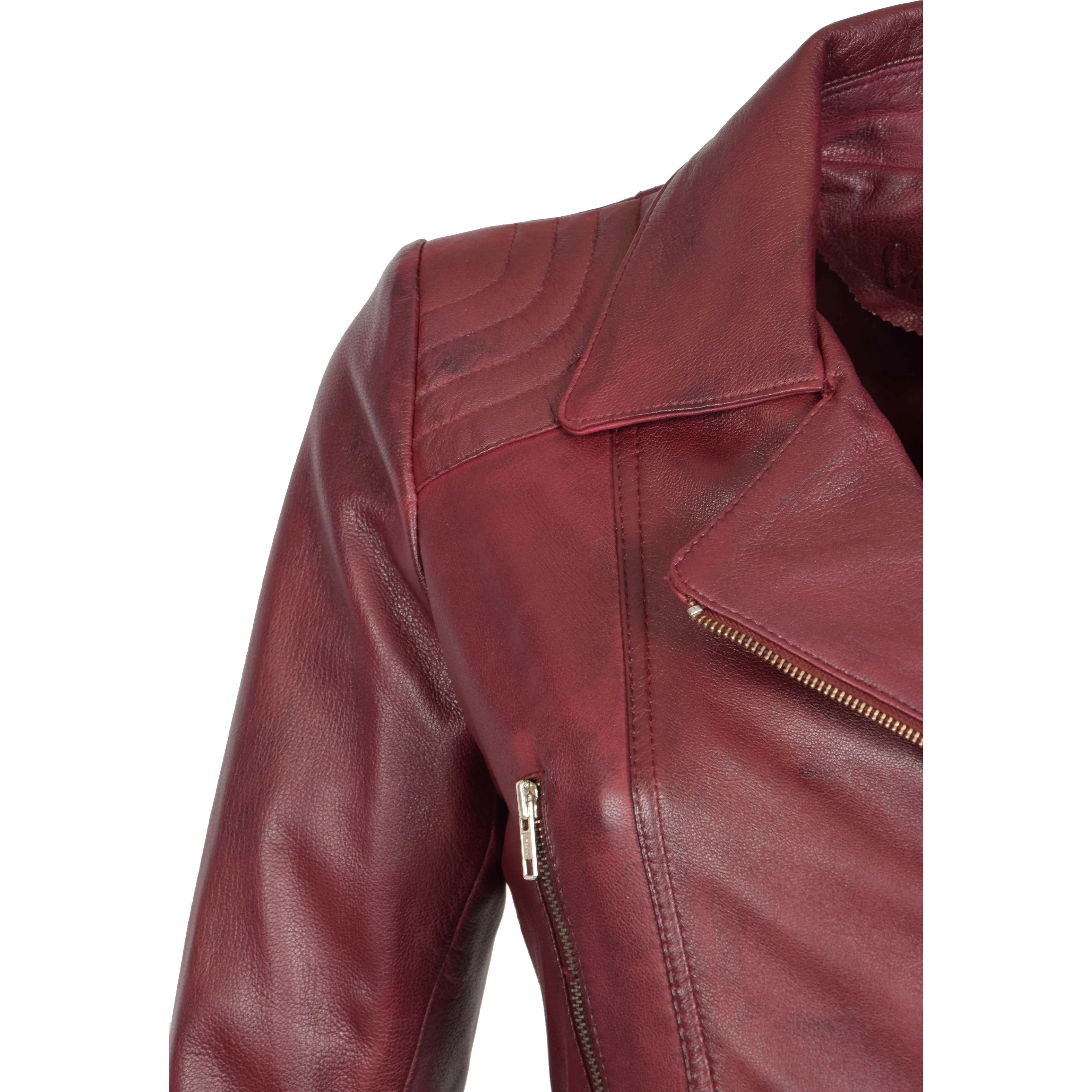 Womens Biker Leather Jacket Slim Fit Cut Hip Length Coat Coco Burgundy