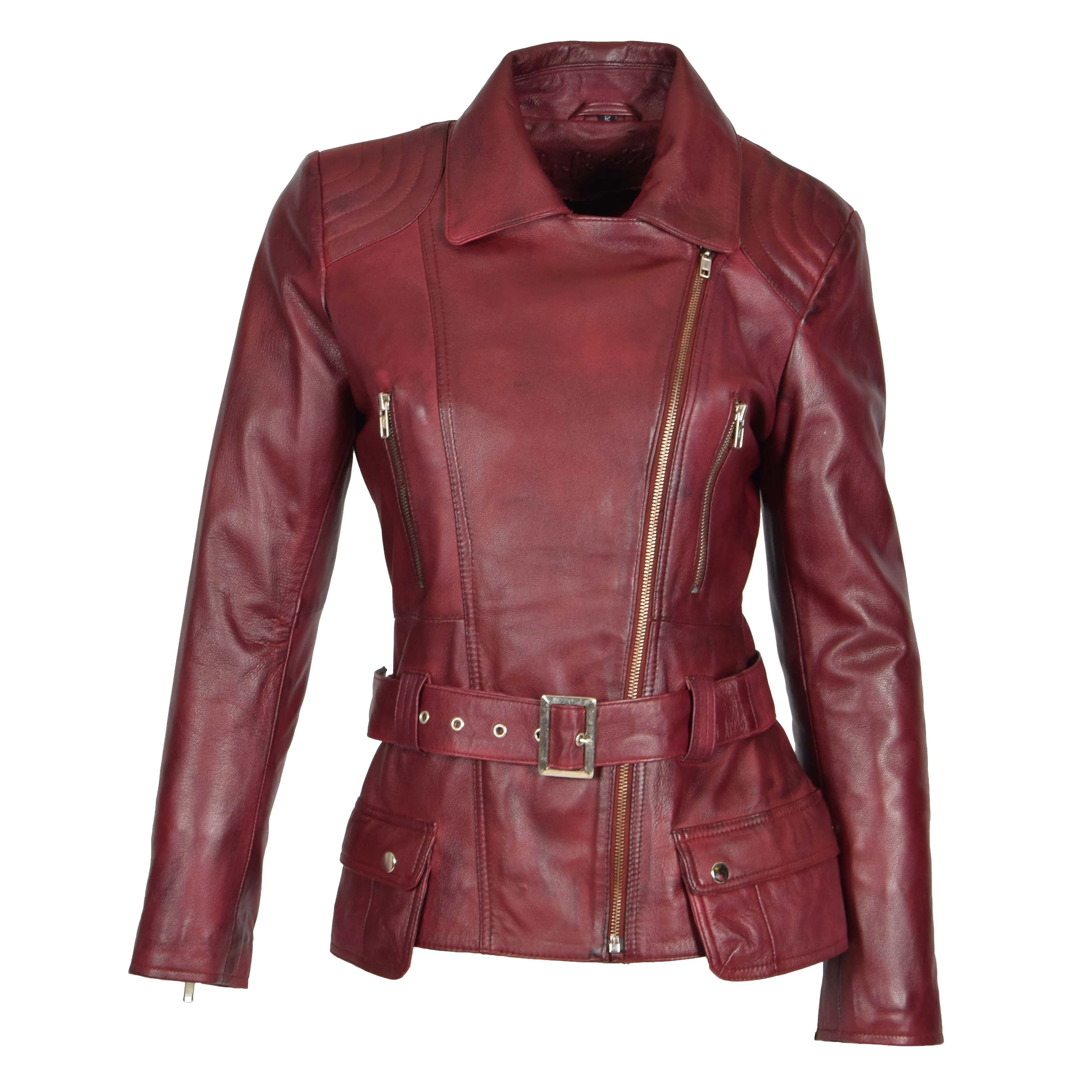 Womens Biker Leather Jacket Slim Fit Cut Hip Length Coat Coco Burgundy