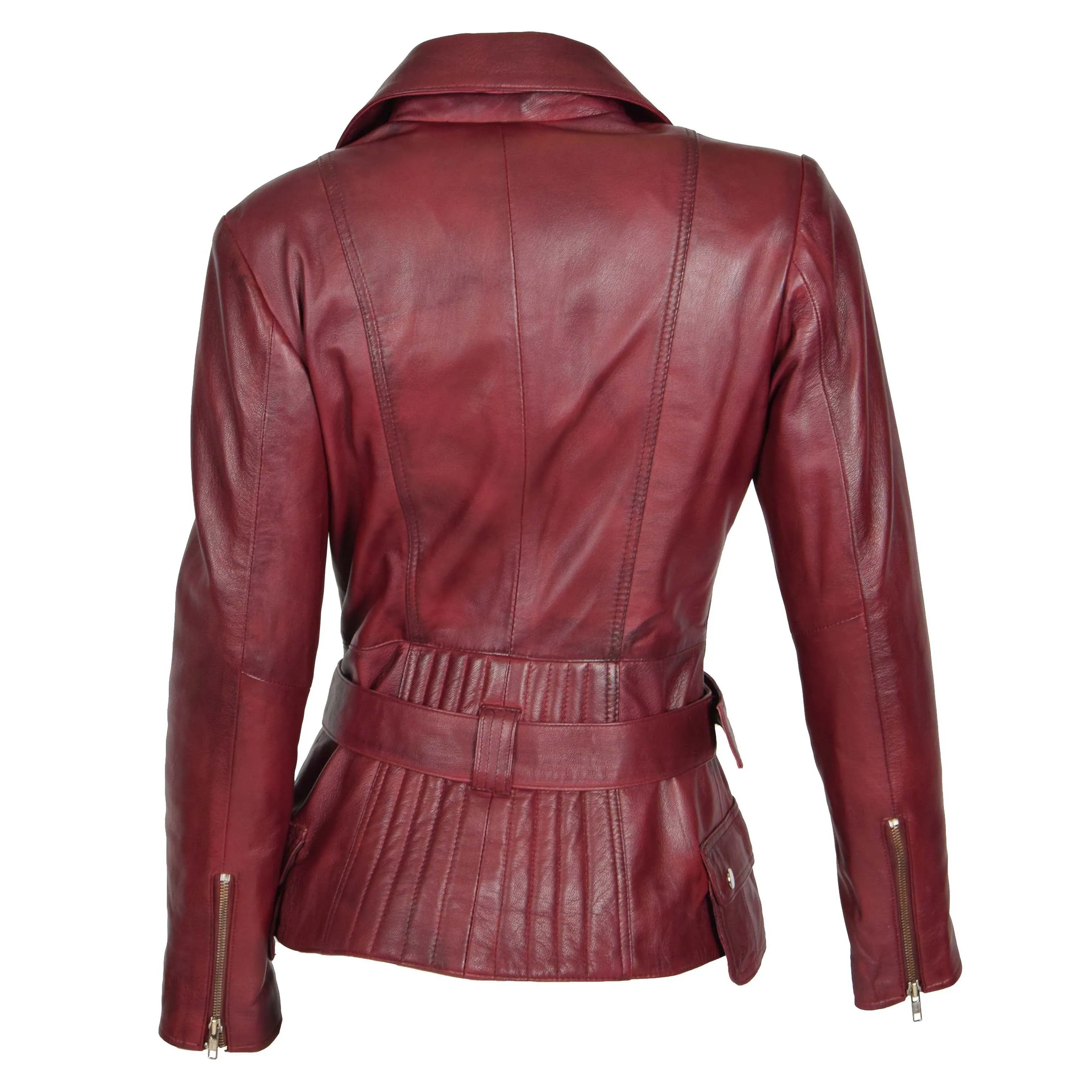 Womens Biker Leather Jacket Slim Fit Cut Hip Length Coat Coco Burgundy