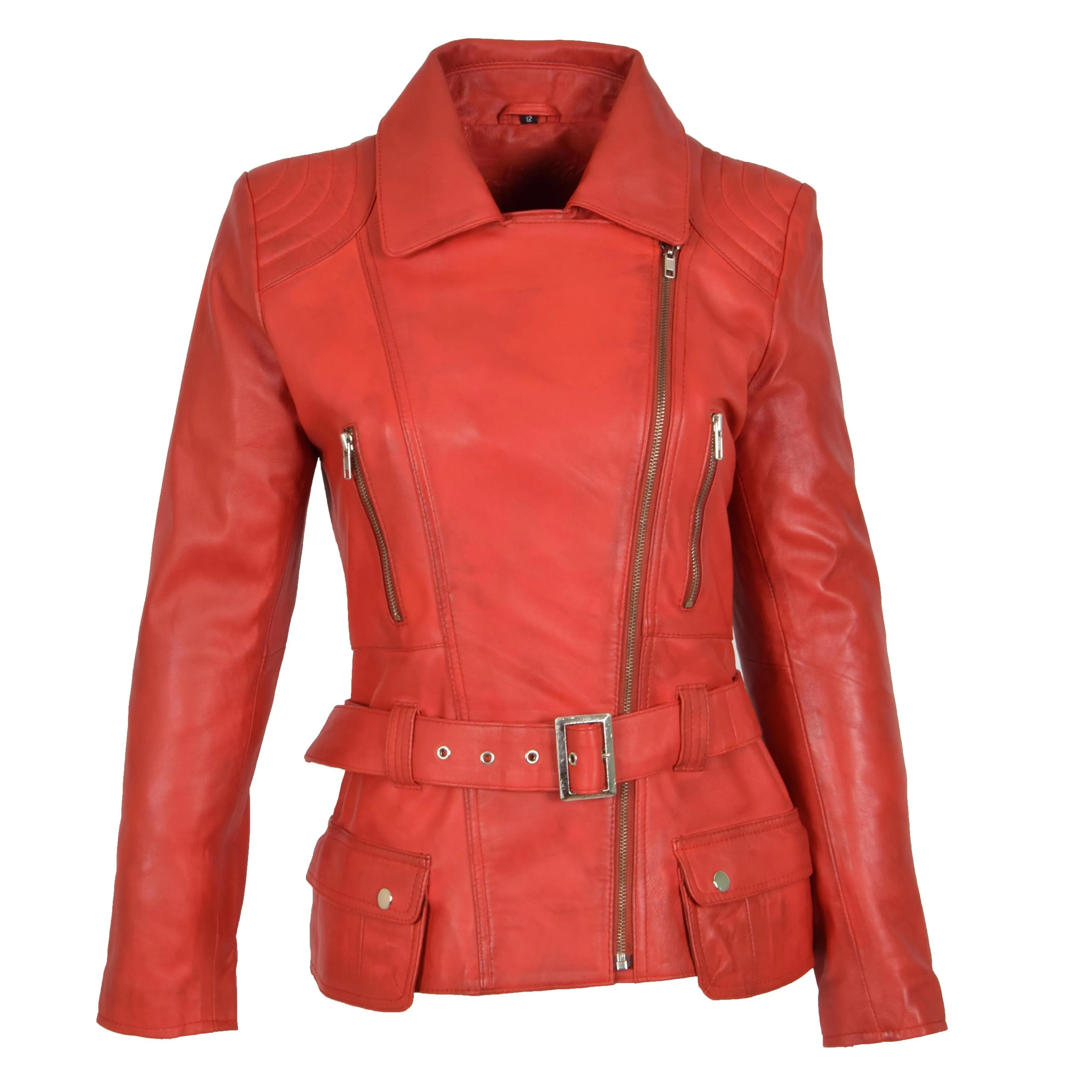 Womens Biker Leather Jacket Slim Fit Cut Hip Length Coat Coco Red