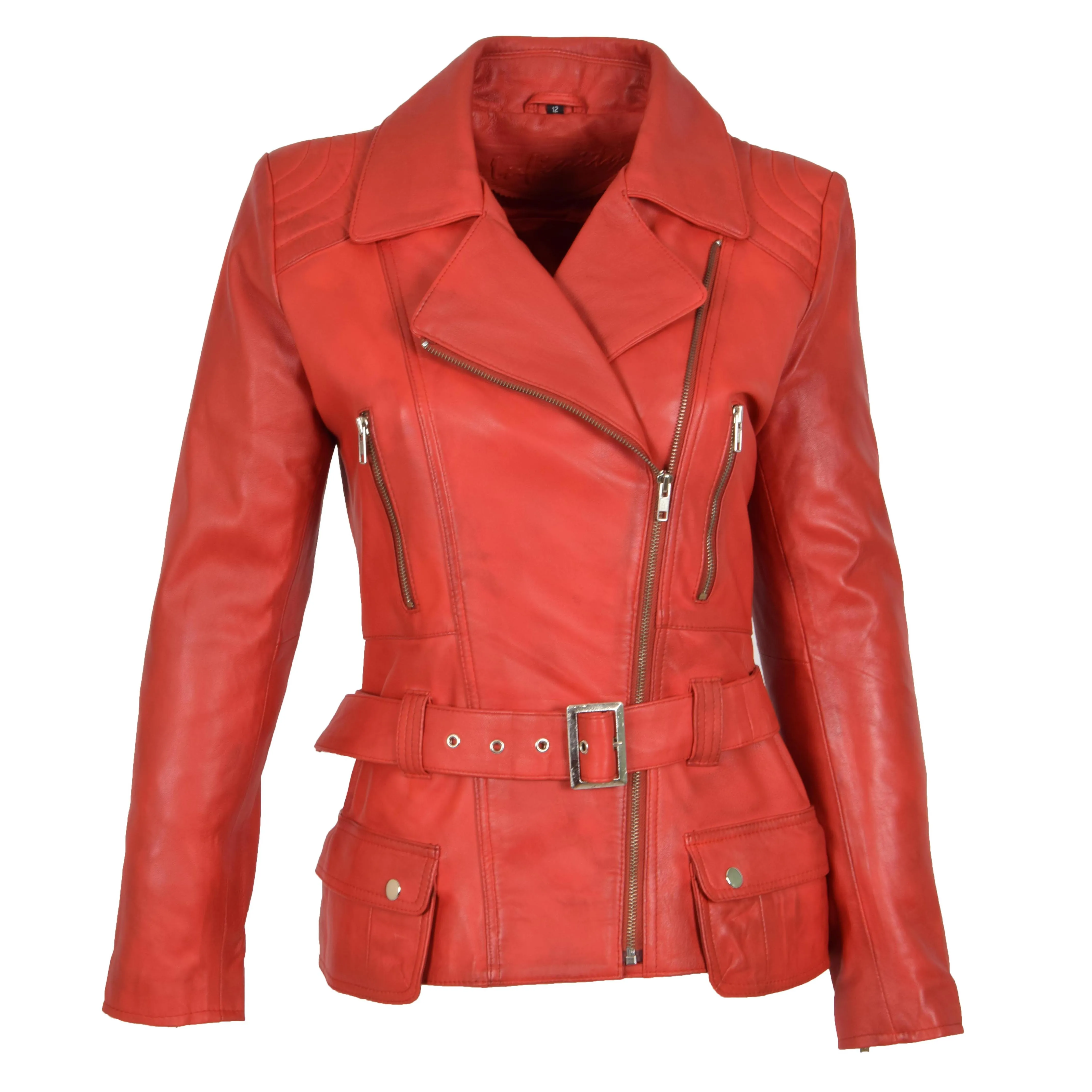 Womens Biker Leather Jacket Slim Fit Cut Hip Length Coat Coco Red