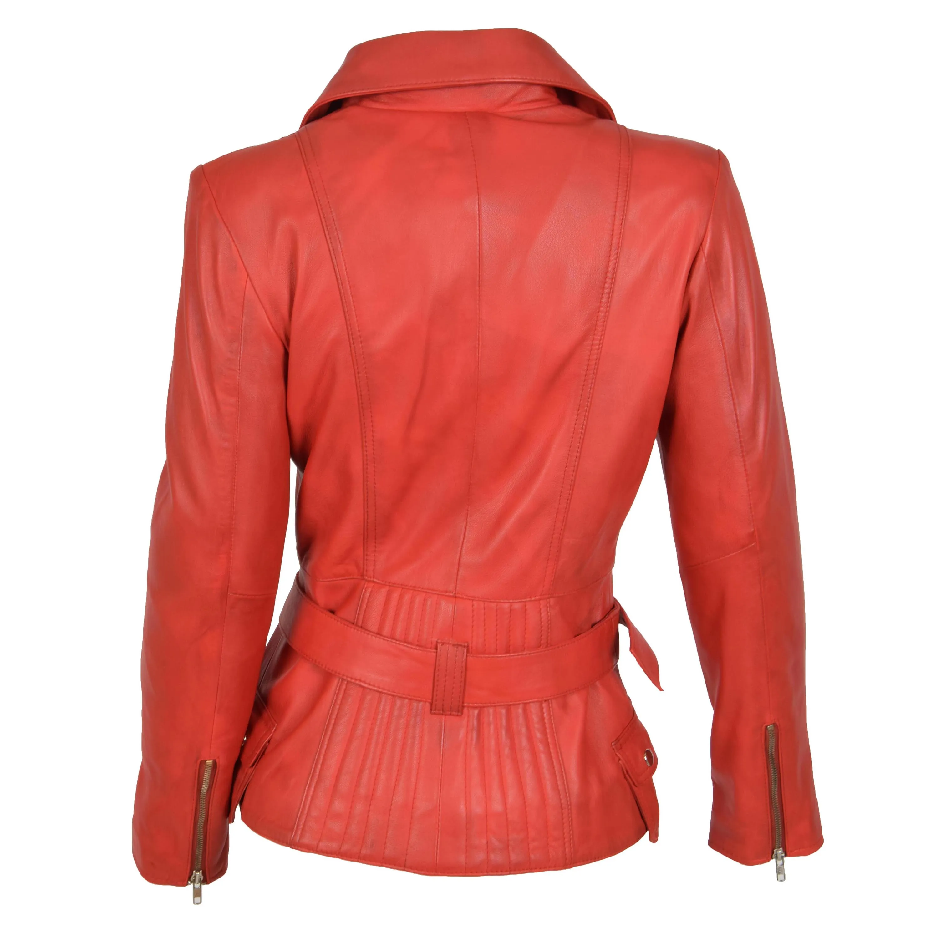 Womens Biker Leather Jacket Slim Fit Cut Hip Length Coat Coco Red