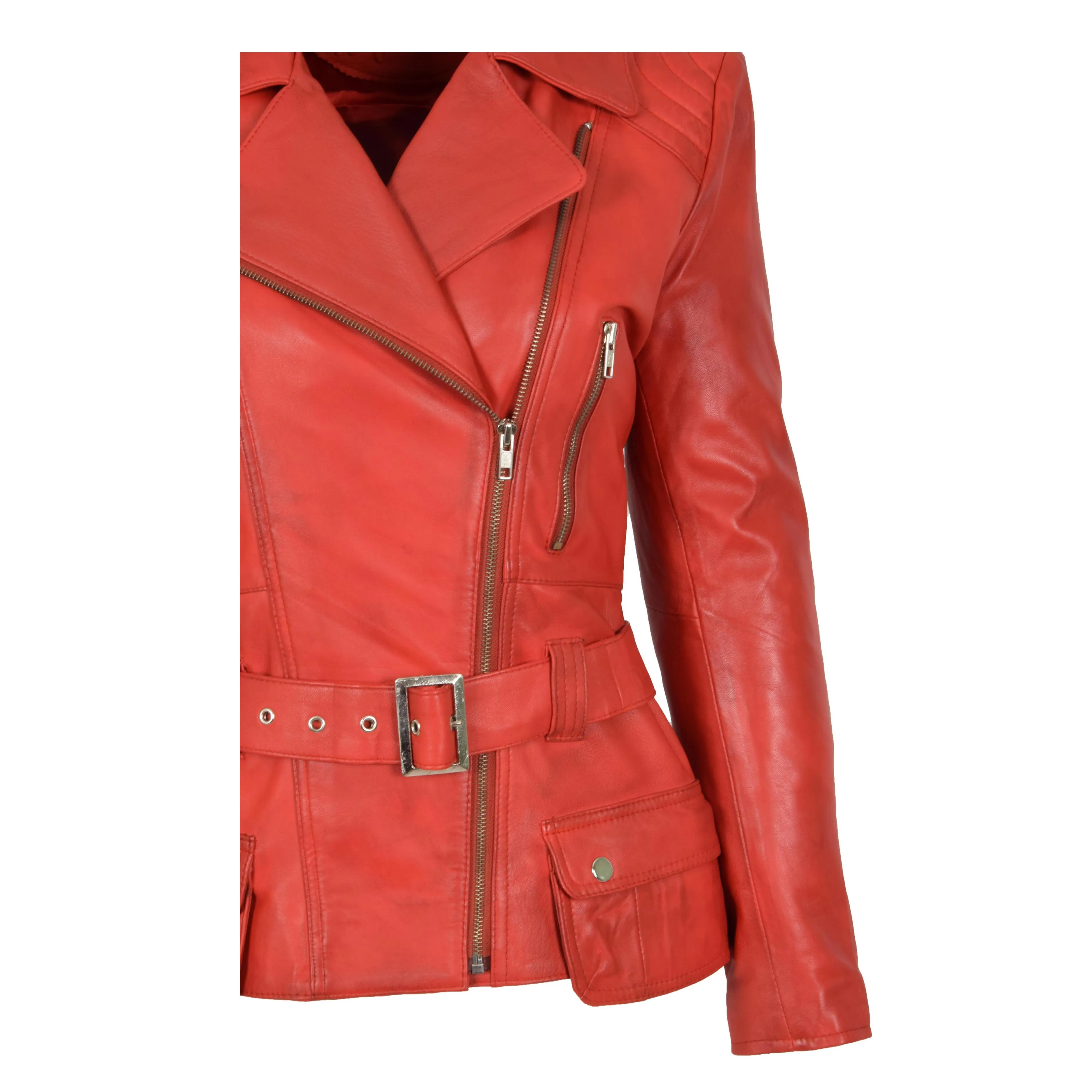 Womens Biker Leather Jacket Slim Fit Cut Hip Length Coat Coco Red