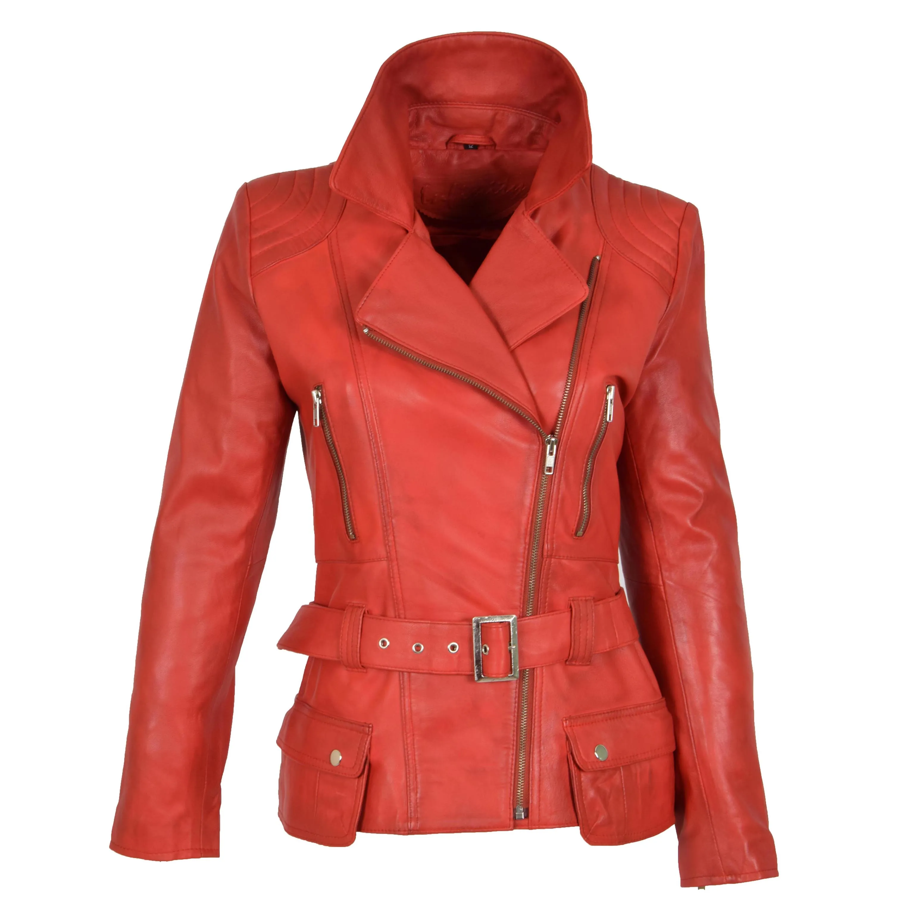 Womens Biker Leather Jacket Slim Fit Cut Hip Length Coat Coco Red