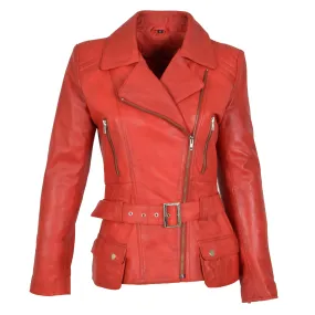 Womens Biker Leather Jacket Slim Fit Cut Hip Length Coat Coco Red