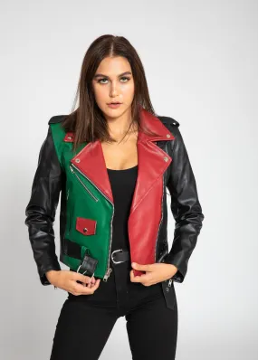 Women's Block Print Moto Leather Jacket - Red/Green