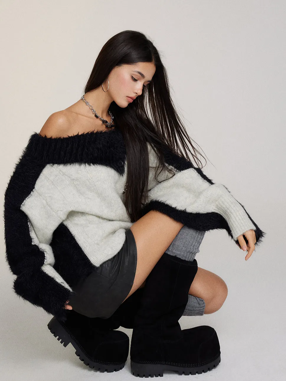 Wool Patchwork Asymmetrical Shoulder Pullover Sweater