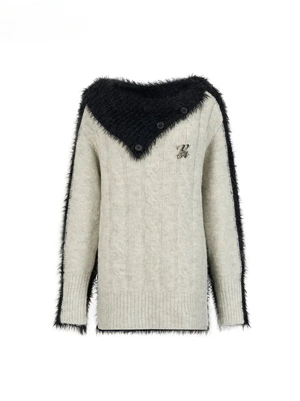 Wool Patchwork Asymmetrical Shoulder Pullover Sweater